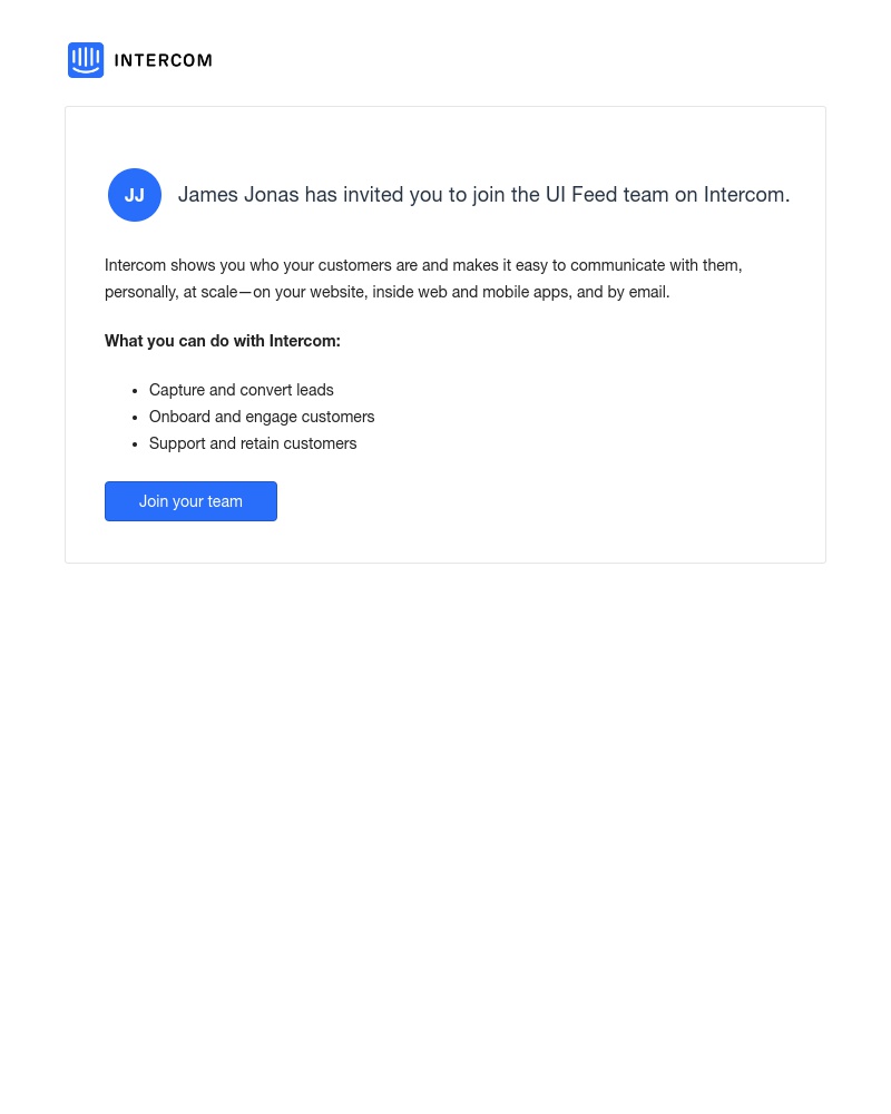 Screenshot of email sent to a Intercom Invited user