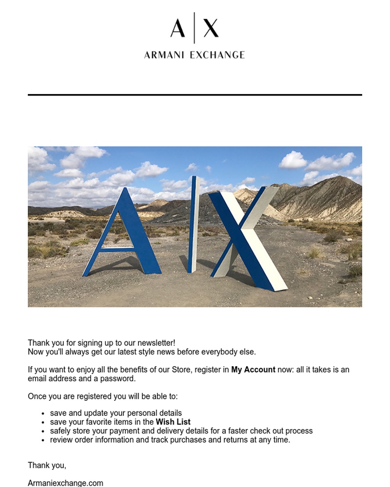 Screenshot of email sent to a Armani Exchange Newsletter subscriber