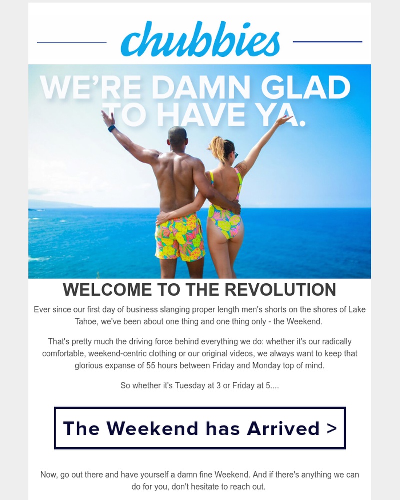 Screenshot of email sent to a Chubbies Newsletter subscriber