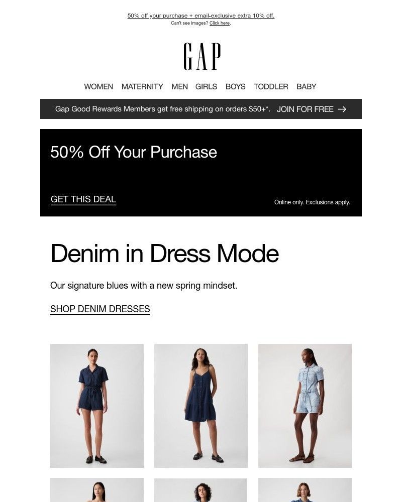 Screenshot of email with subject /media/emails/the-denim-dress-up-50-off-your-purchase-0b4d30-cropped-f1327e79.jpg
