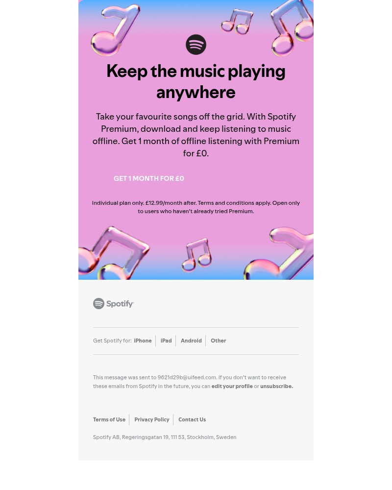 Screenshot of email sent to a Spotify Registered user