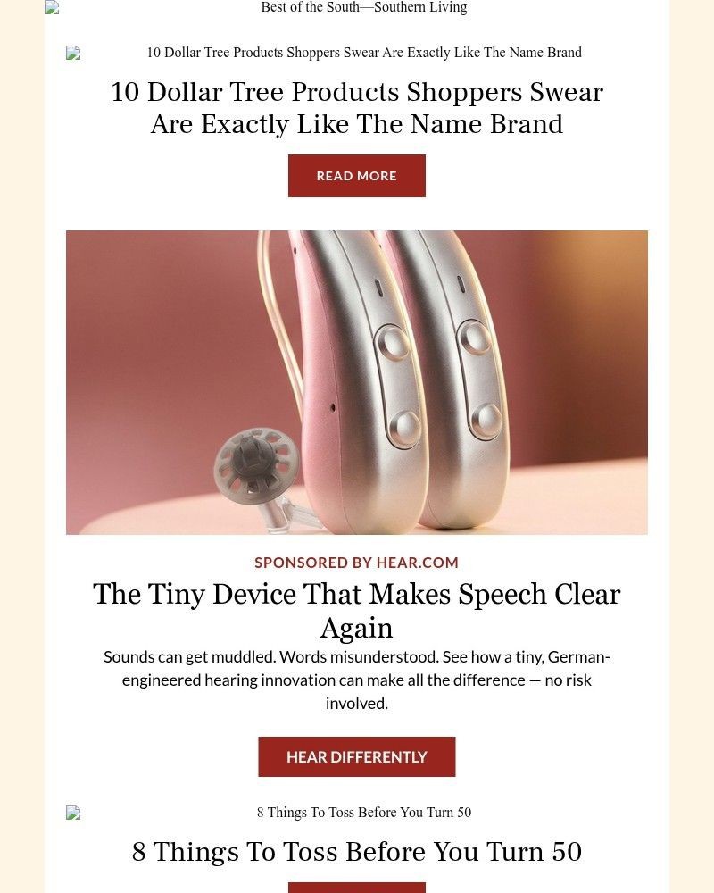 Screenshot of email sent to a Southern Living Newsletter subscriber