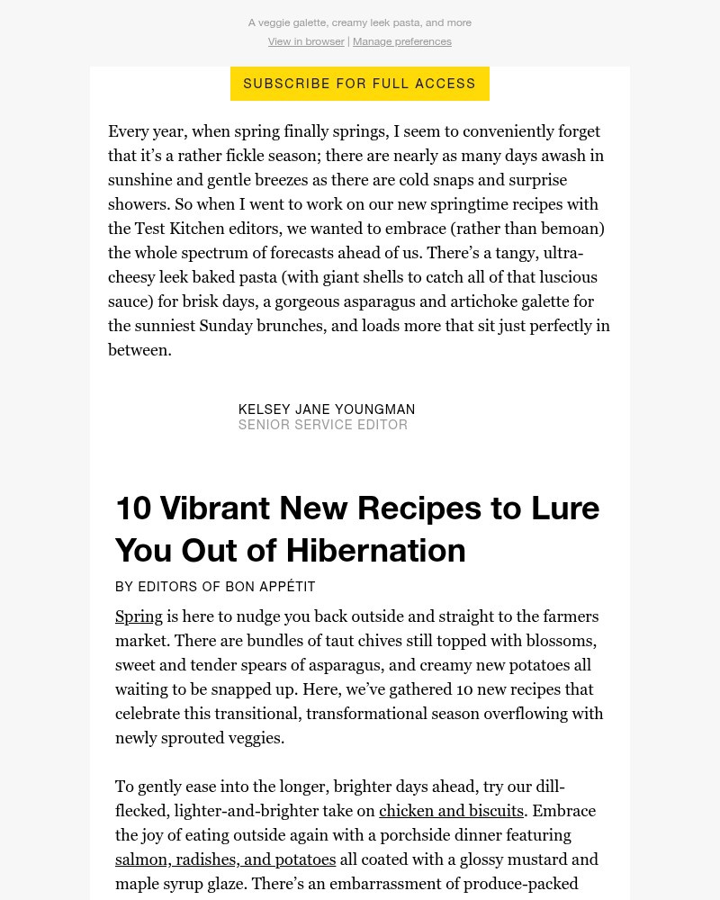 Screenshot of email sent to a Bon Appétit Newsletter subscriber