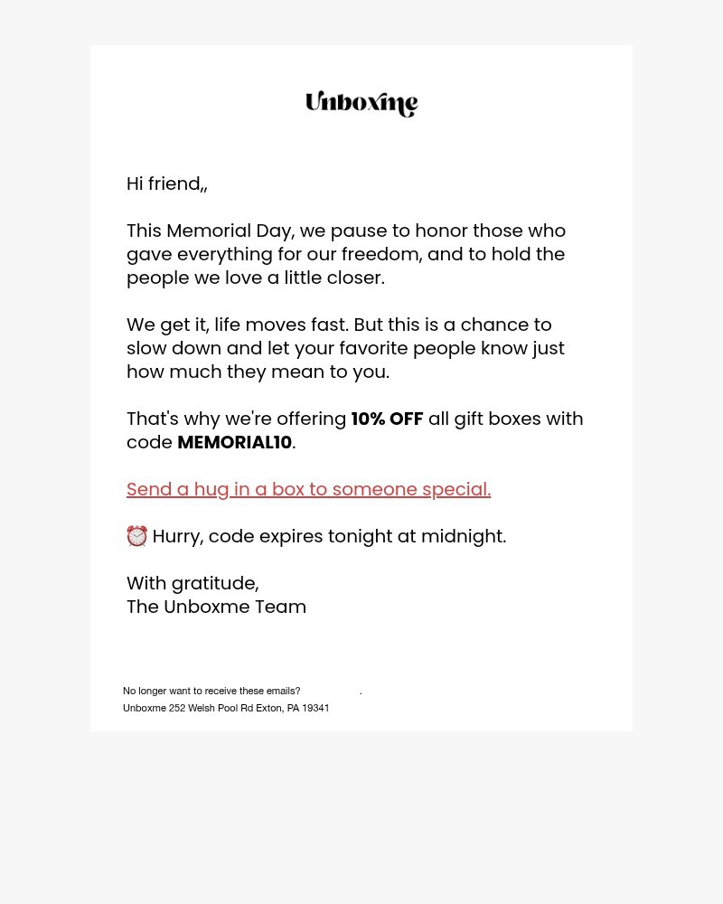 Screenshot of email sent to a Unboxme Newsletter subscriber