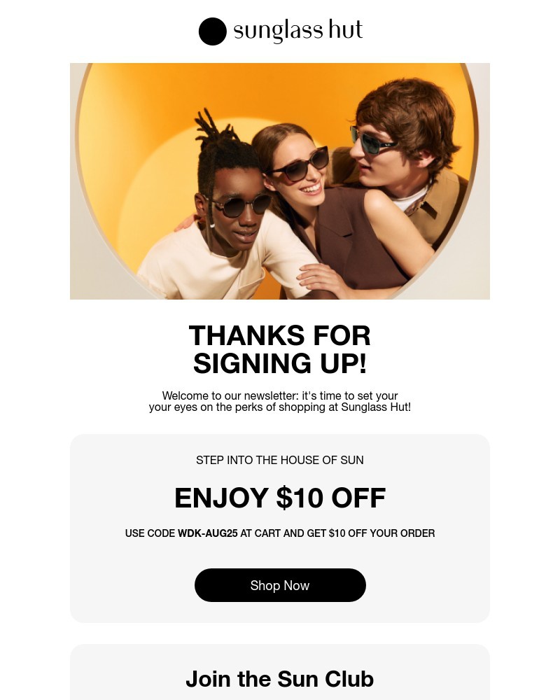 Screenshot of email sent to a Sunglass Hut Newsletter subscriber
