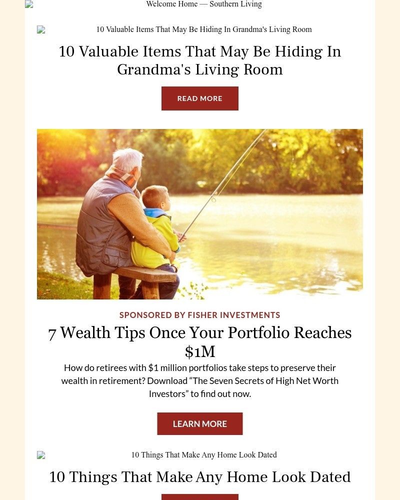 Screenshot of email sent to a Southern Living Newsletter subscriber