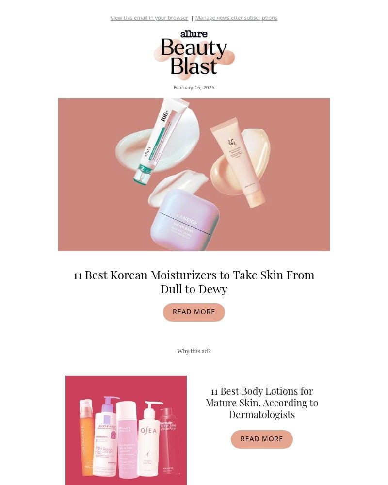 Screenshot of email sent to a allure Newsletter subscriber