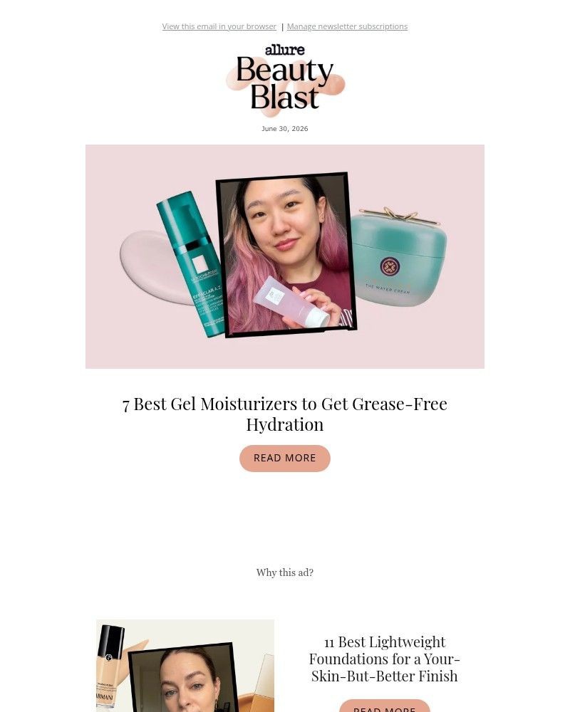 Screenshot of email sent to a allure Newsletter subscriber