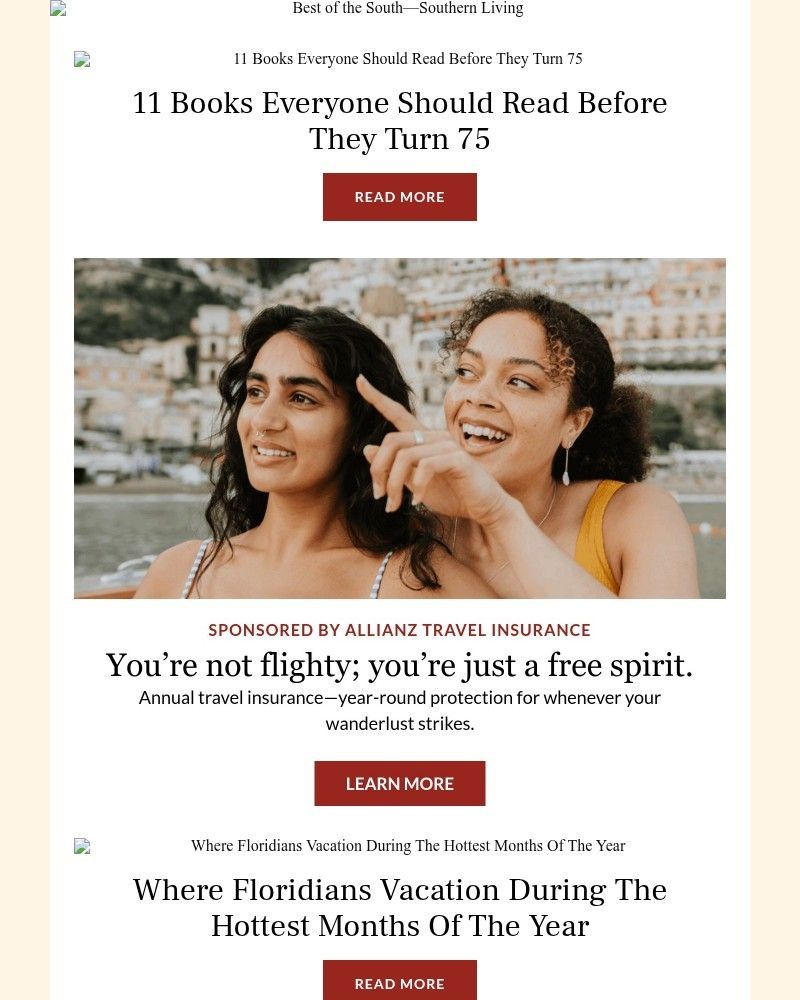 Screenshot of email sent to a Southern Living Newsletter subscriber