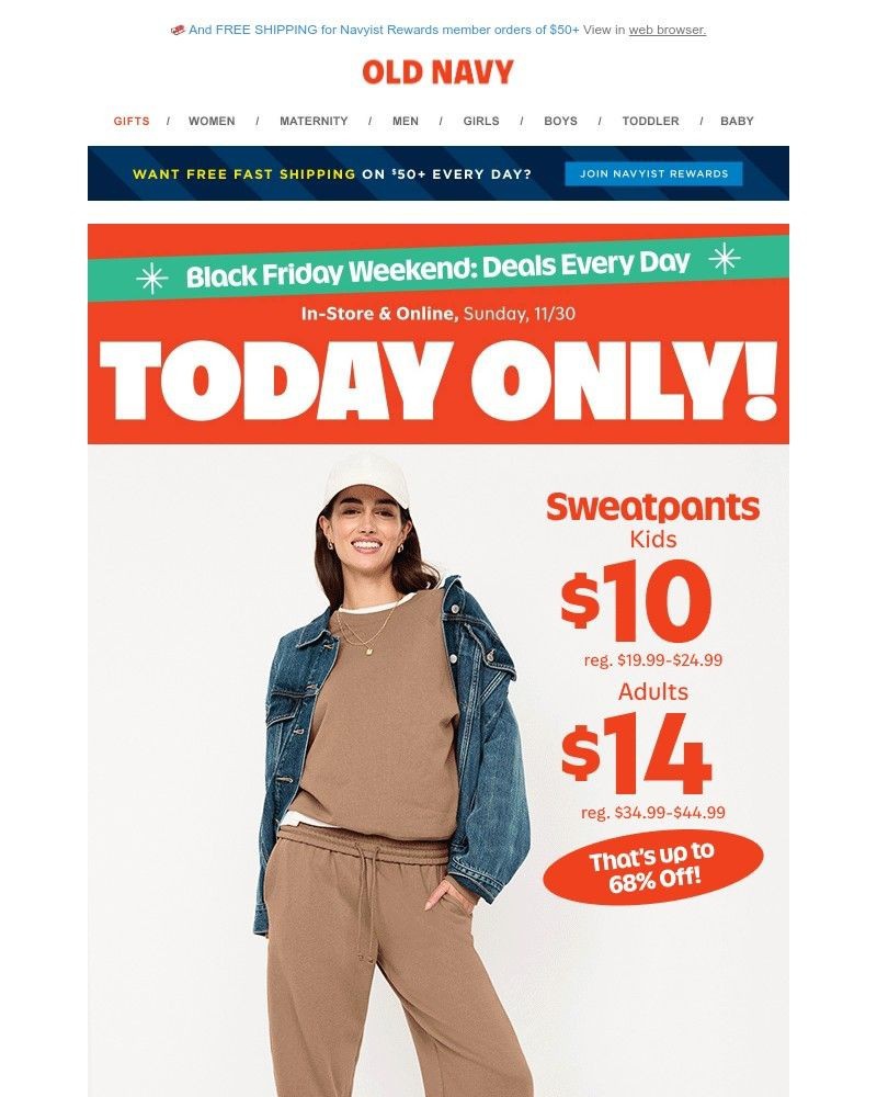 Screenshot of email sent to a Old Navy Newsletter subscriber