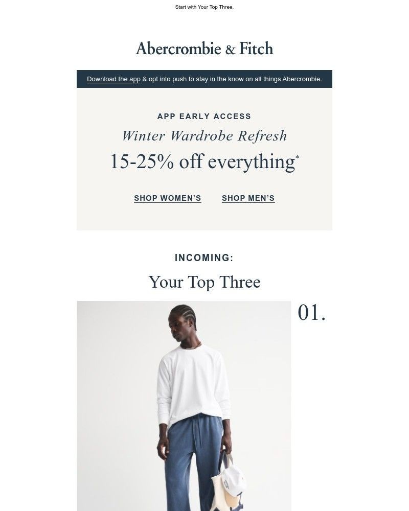 Screenshot of email sent to a Abercrombie Newsletter subscriber