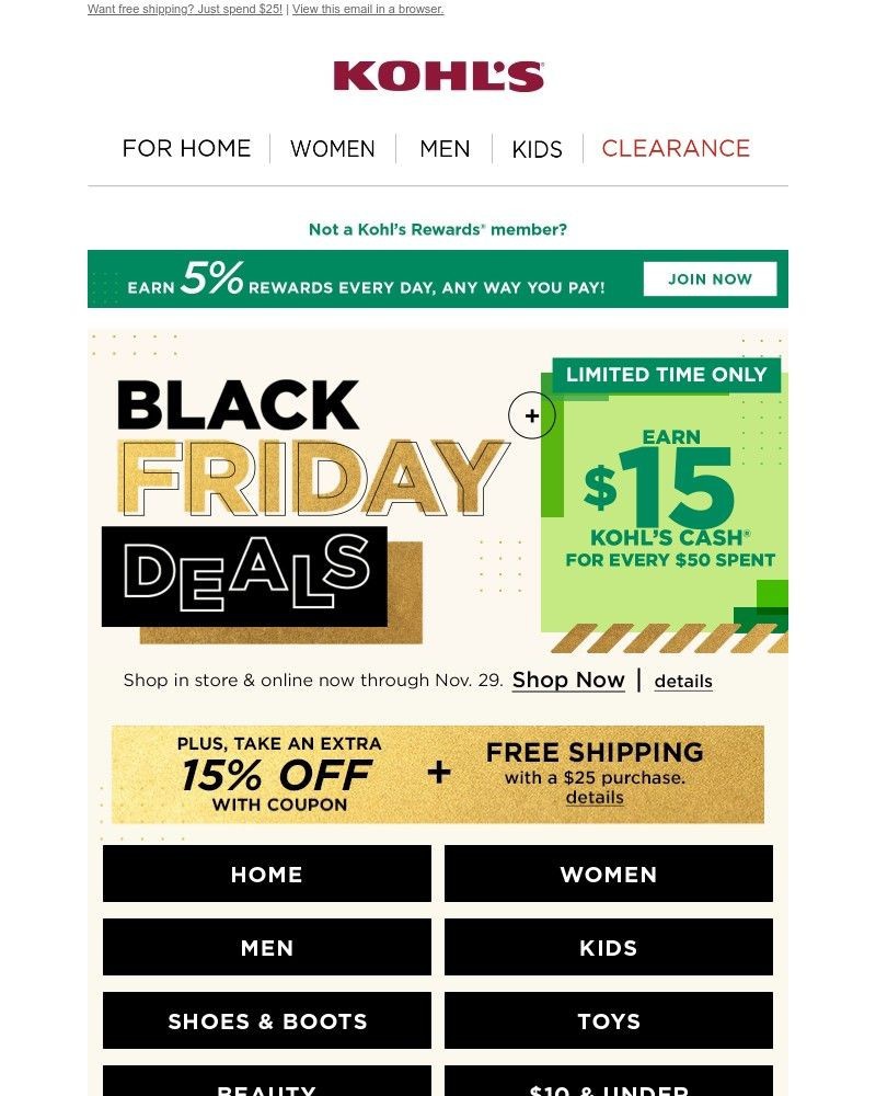 Screenshot of email sent to a Kohls Registered user
