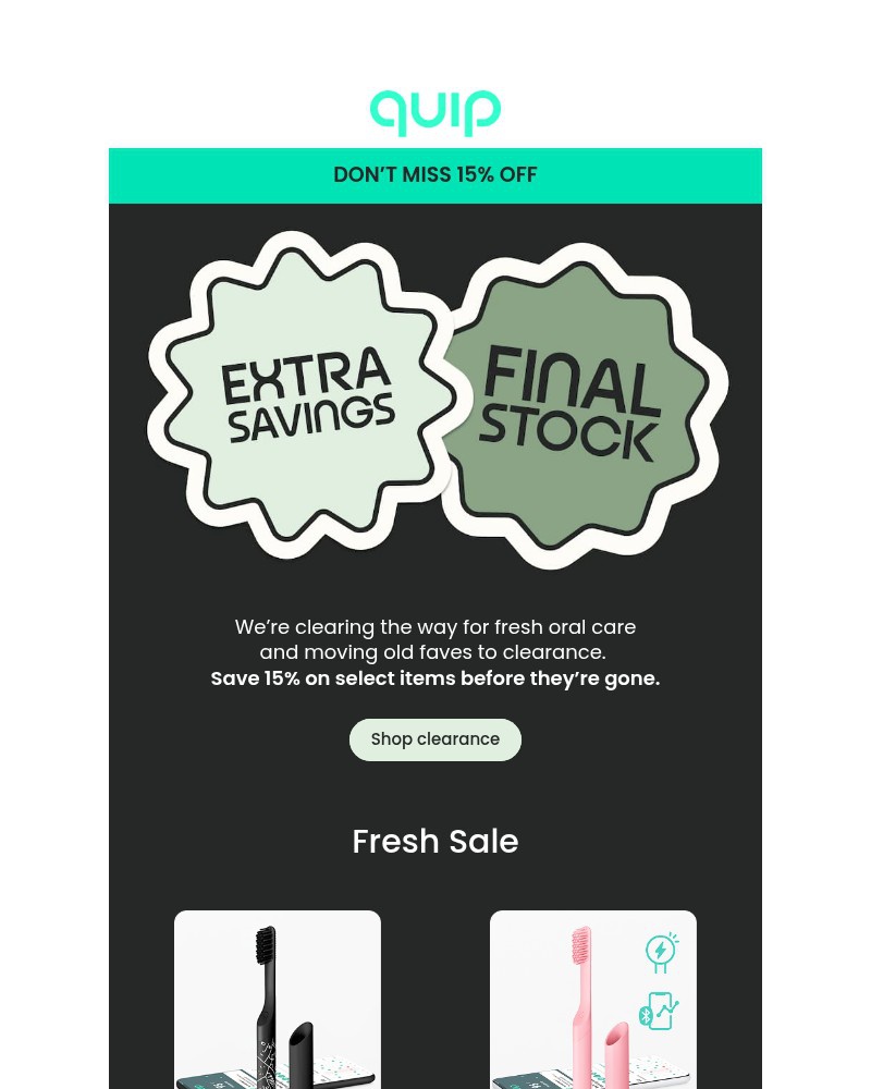 Screenshot of email sent to a Quip Newsletter subscriber