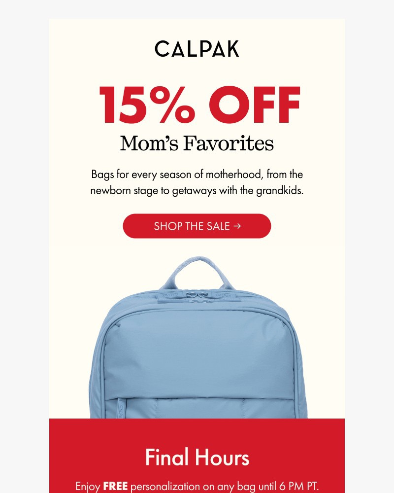 Screenshot of email sent to a Calpak Newsletter subscriber