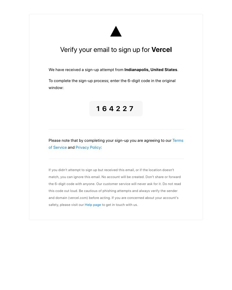 Screenshot of email sent to a Vercel Registered user
