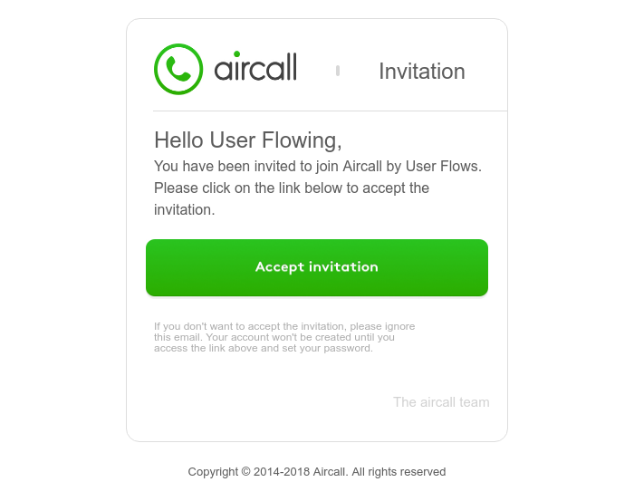 Screenshot of email sent to a Aircall Invited user