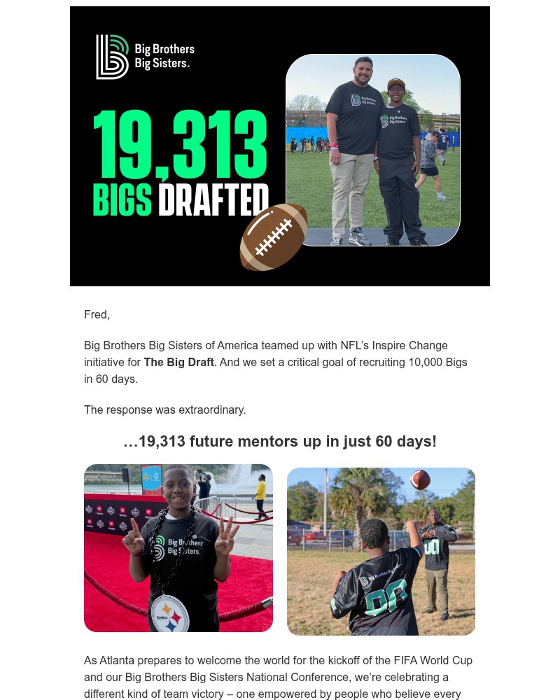 Screenshot of email sent to a Big Brothers Big Sisters of America Newsletter subscriber