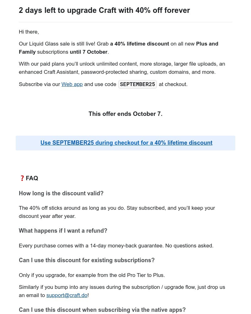 Screenshot of email with subject /media/emails/2-days-left-to-upgrade-craft-with-40-off-forever-35f66c-cropped-a3cef543.jpg