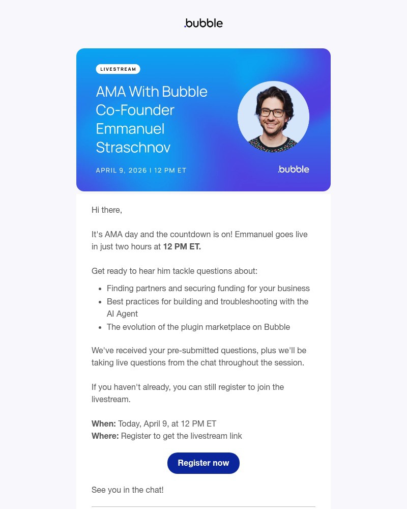 Screenshot of email sent to a Bubble Registered user