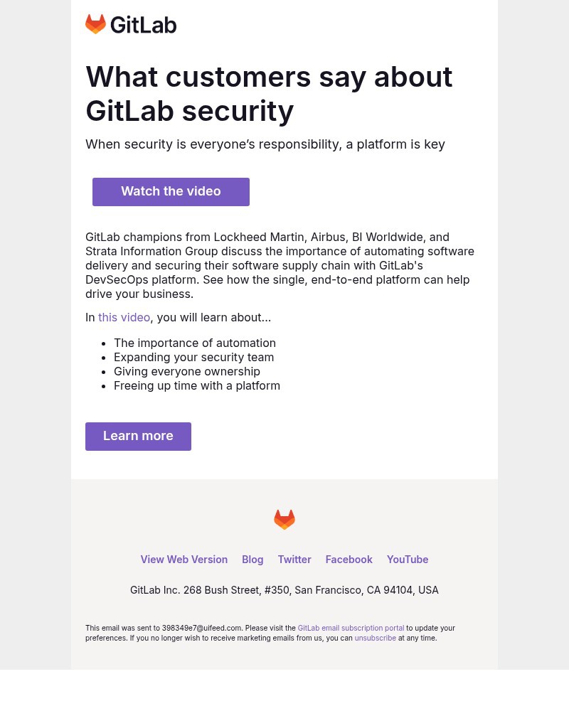 Screenshot of email sent to a GitLab Newsletter subscriber