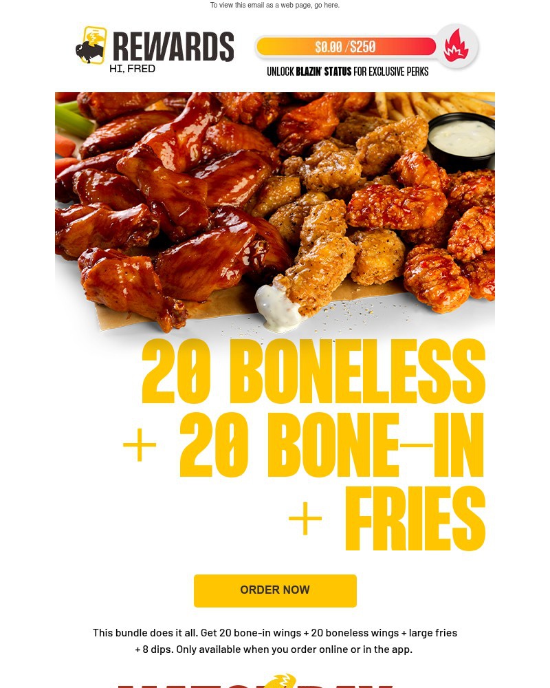 Screenshot of email sent to a Buffalo Wild Wings Registered user
