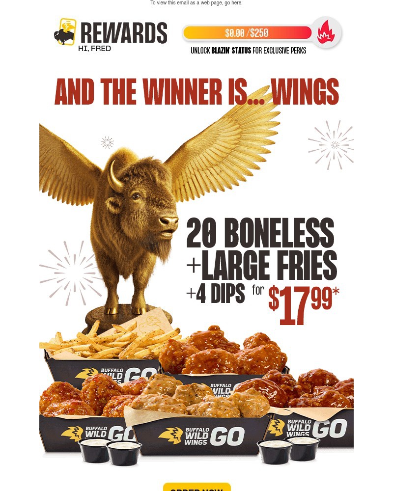 Screenshot of email sent to a Buffalo Wild Wings Registered user