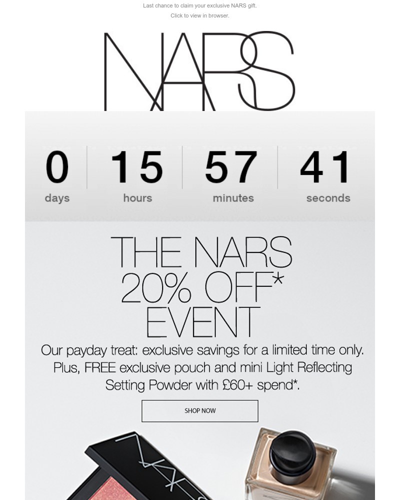 Screenshot of email sent to a Nars Cosmetics Newsletter subscriber