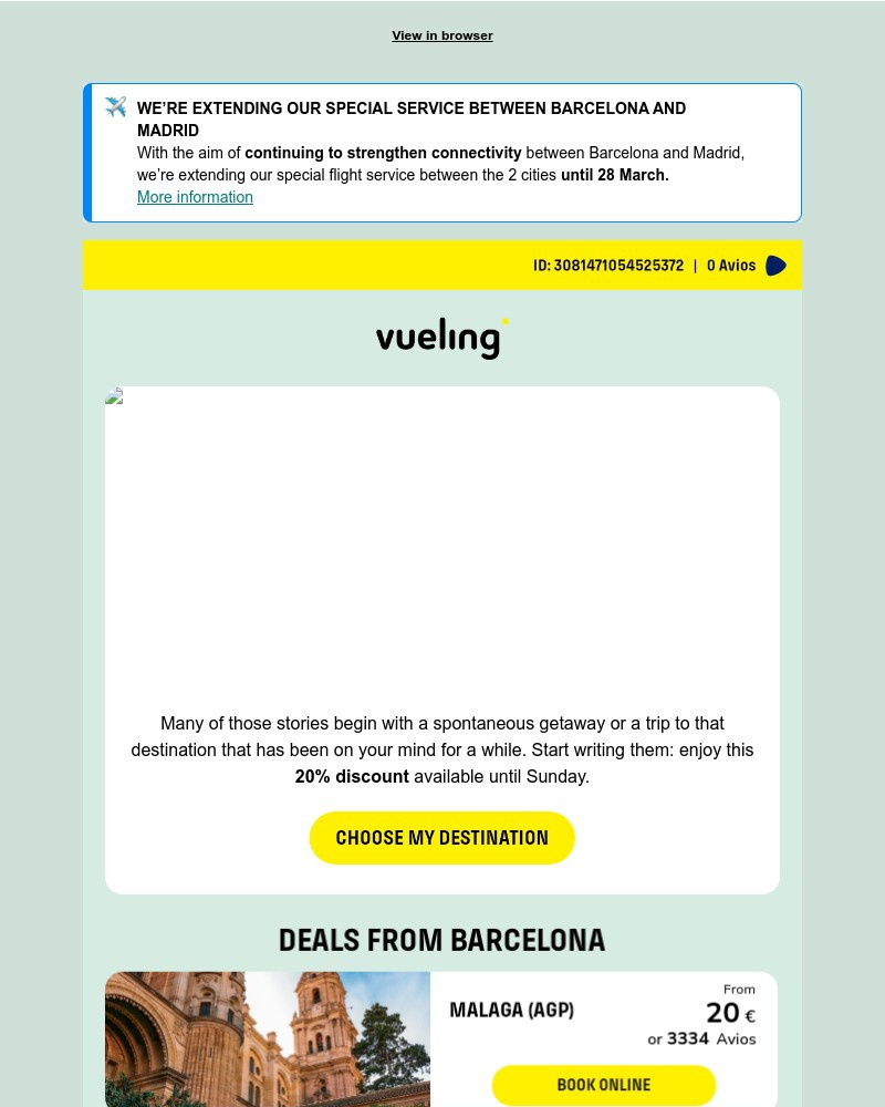 Screenshot of email sent to a Vueling Registered user