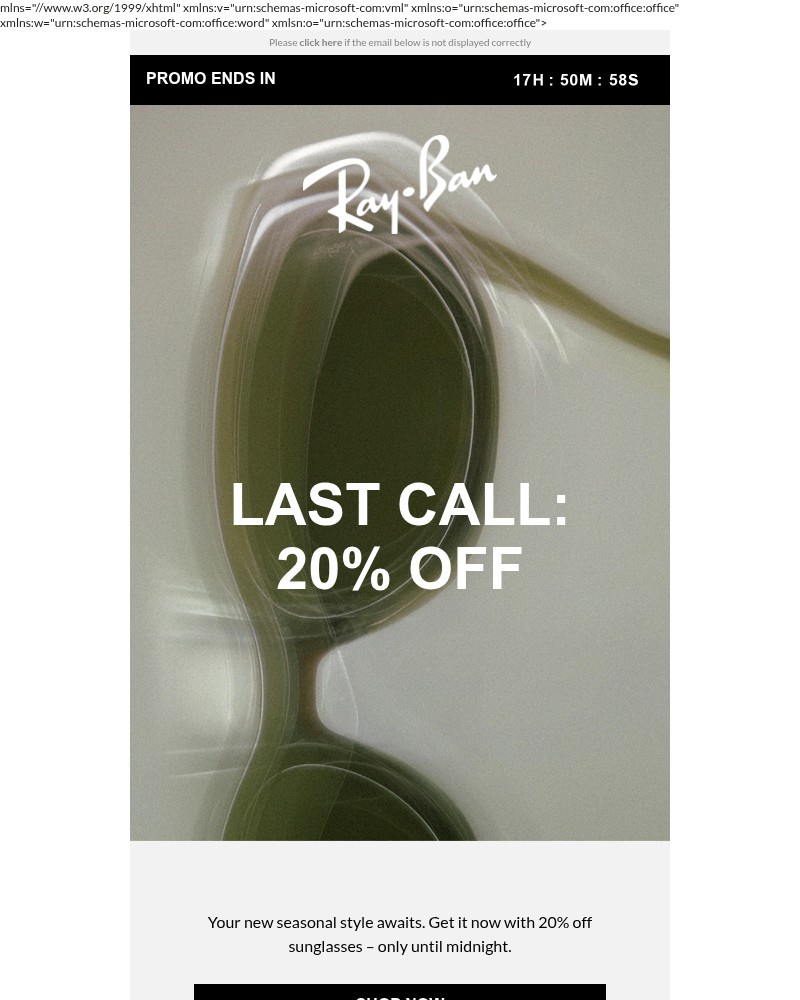 Screenshot of email sent to a Ray-Ban Newsletter subscriber
