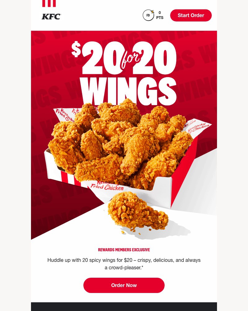 Screenshot of email sent to a Kentucky Fried Chicken Registered user