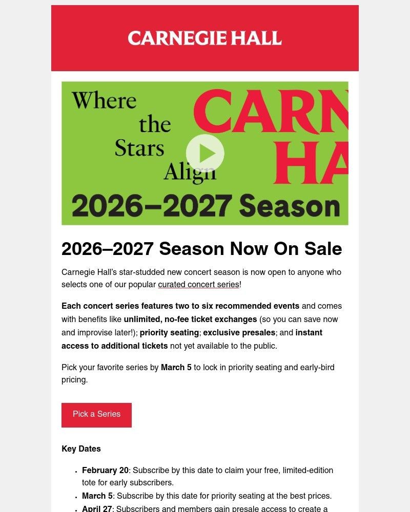 Screenshot of email sent to a Carnegie Hall Newsletter subscriber