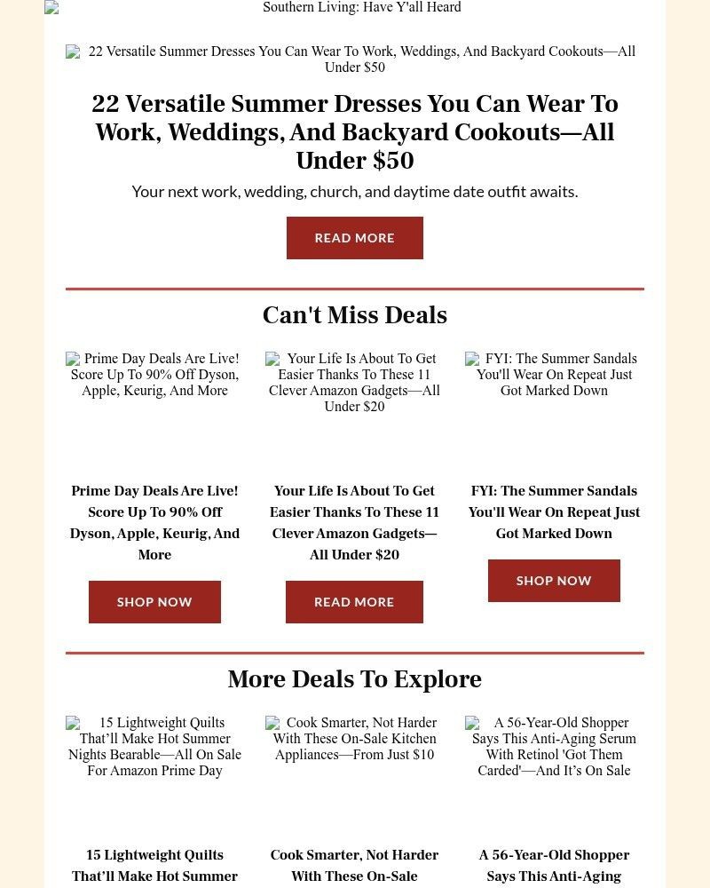 Screenshot of email sent to a Southern Living Newsletter subscriber