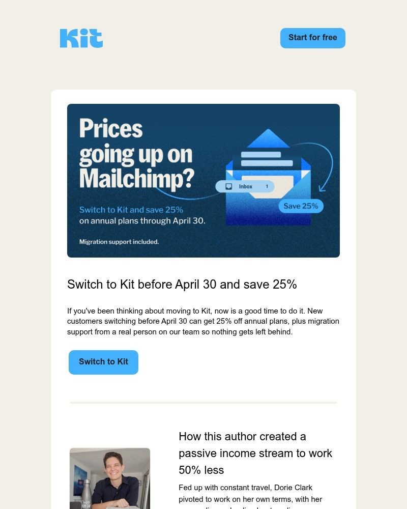 Screenshot of email sent to a ConvertKit Trial user