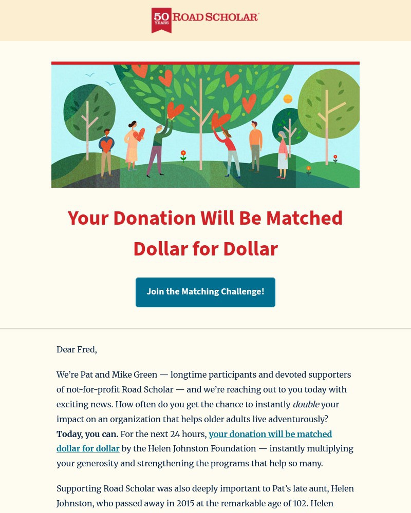 Screenshot of email sent to a Road Scholar Newsletter subscriber