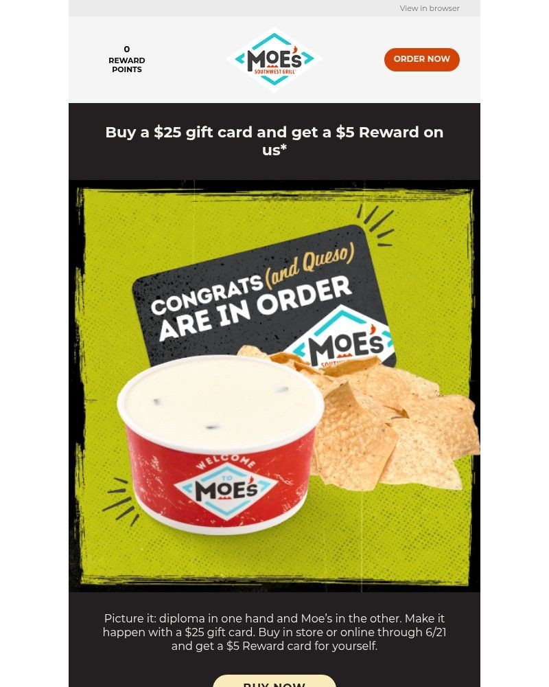 Screenshot of email sent to a Moe’s Southwest Grill Registered user