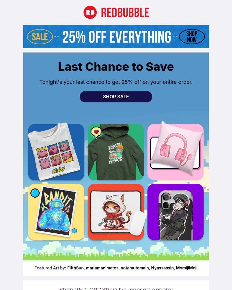 Screenshot of email sent to a Redbubble Newsletter subscriber