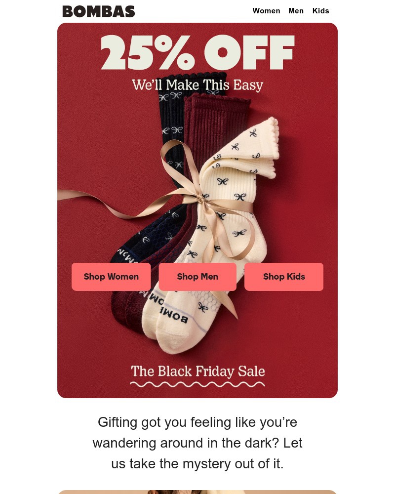 Screenshot of email sent to a Bombas Newsletter subscriber