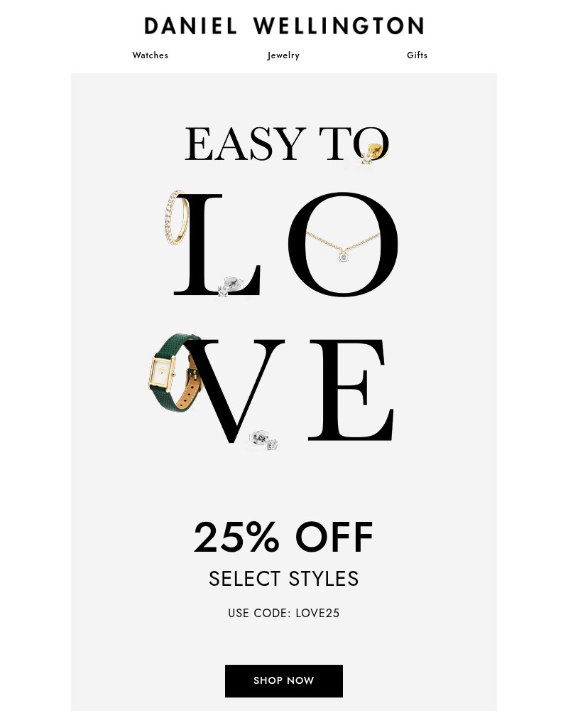 Screenshot of email sent to a Daniel Wellington Newsletter subscriber