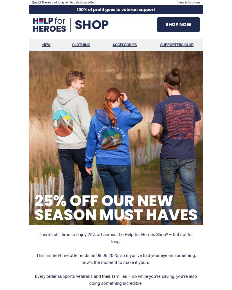 Screenshot of email sent to a Help for Heroes Newsletter subscriber