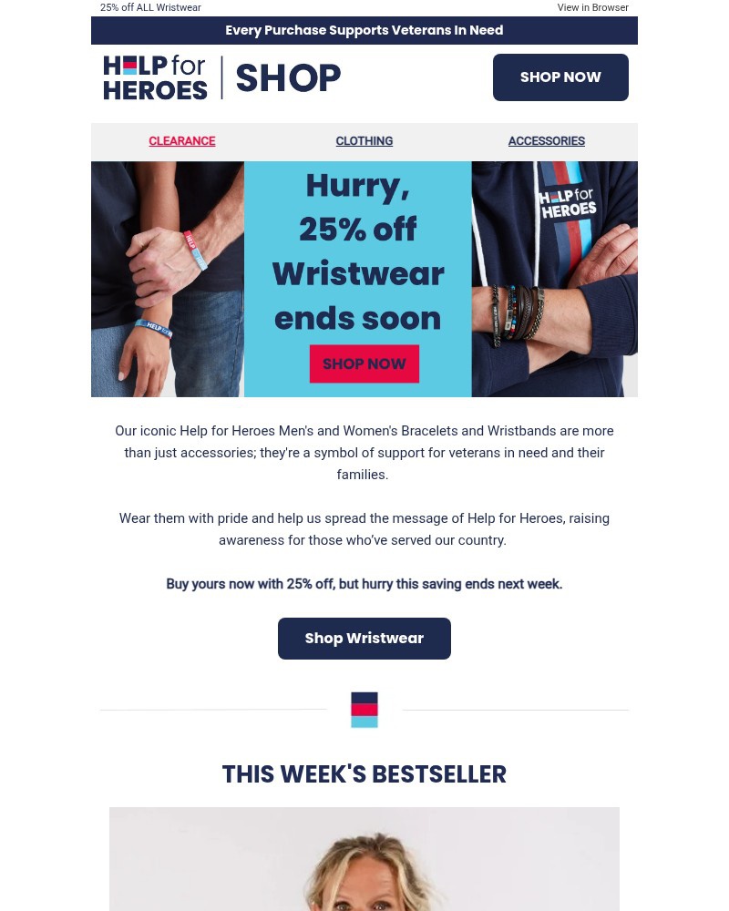 Screenshot of email sent to a Help for Heroes Newsletter subscriber