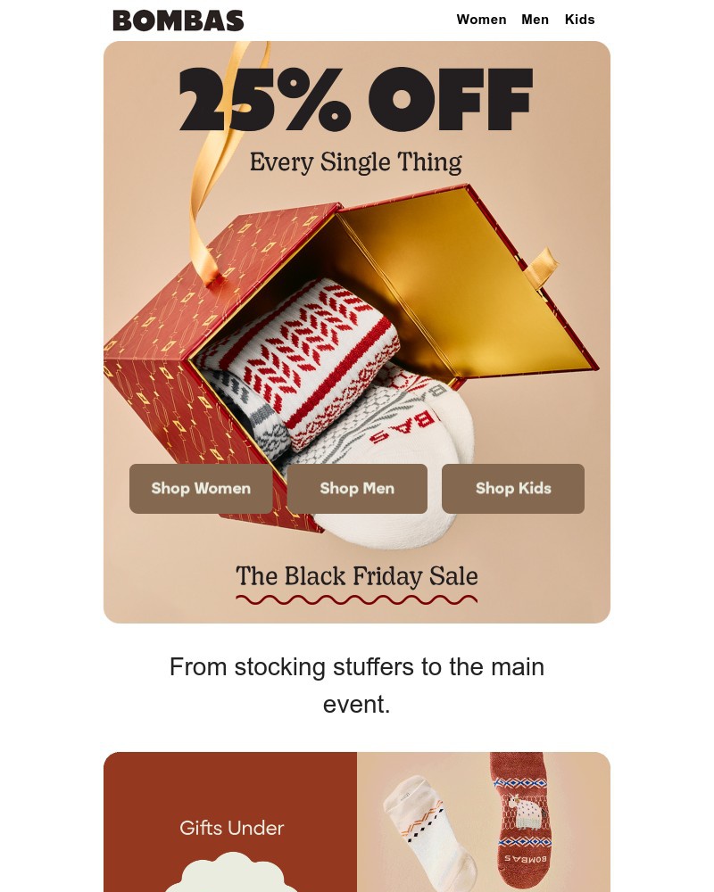 Screenshot of email sent to a Bombas Newsletter subscriber