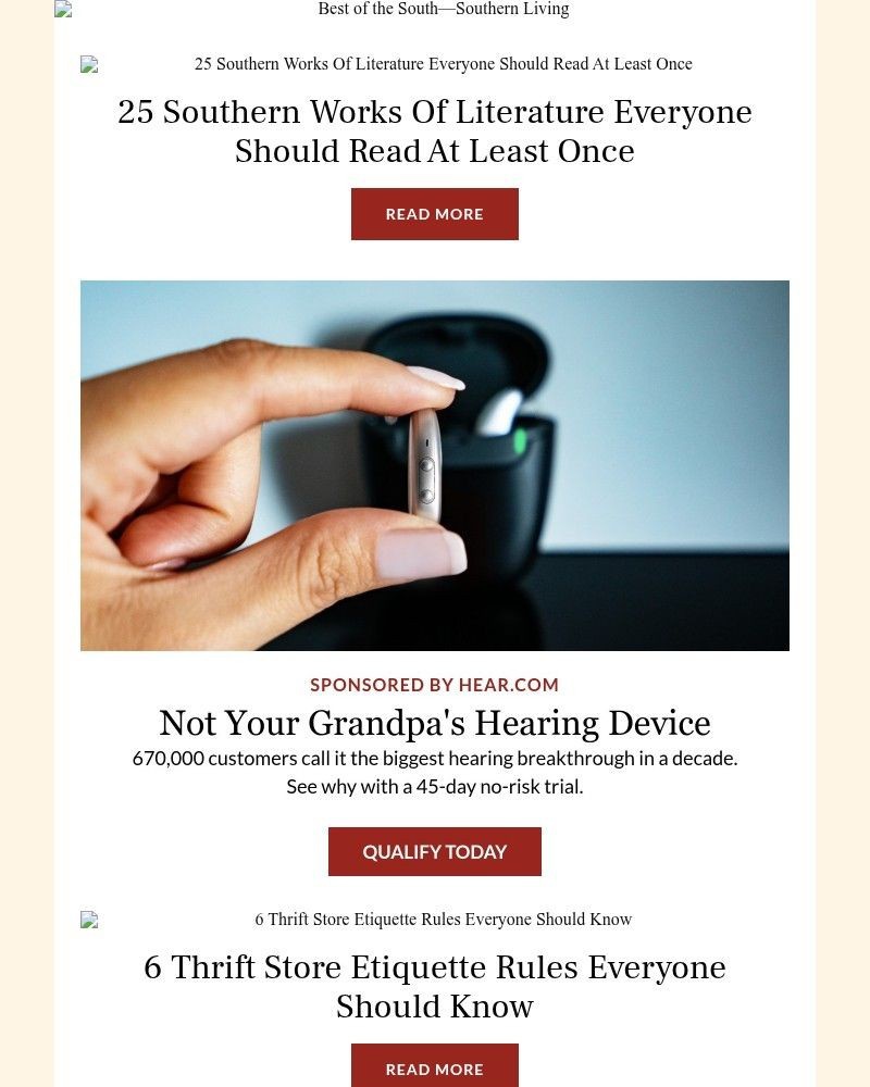 Screenshot of email sent to a Southern Living Newsletter subscriber