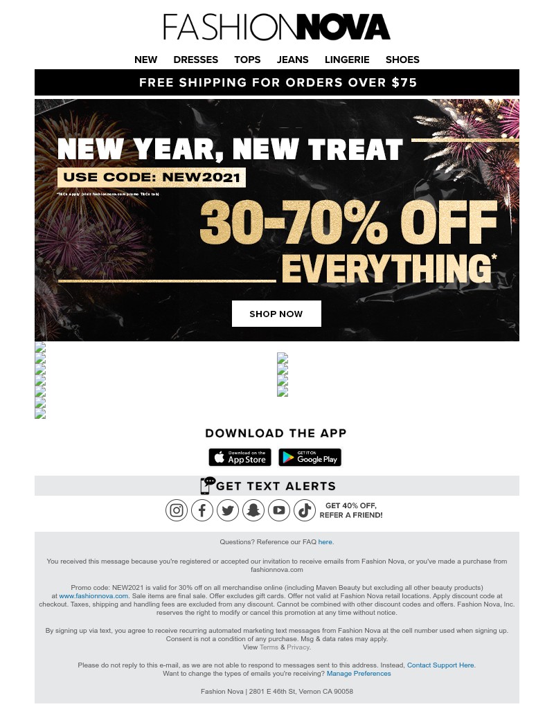 Email sent from Fashion Nova to a Registered user