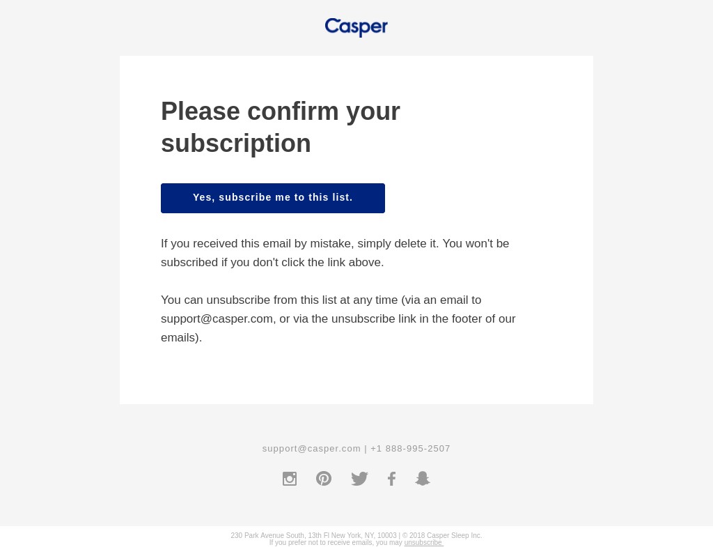 Screenshot of email sent to a Casper Newsletter subscriber