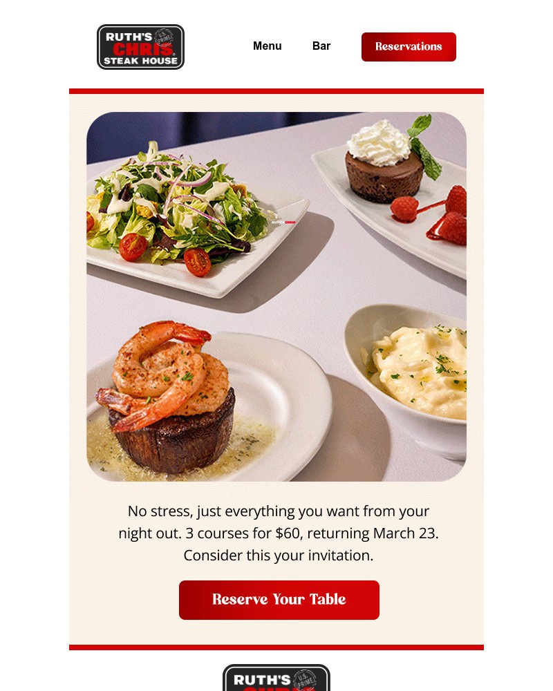 Screenshot of email sent to a Ruth’s Chris Newsletter subscriber