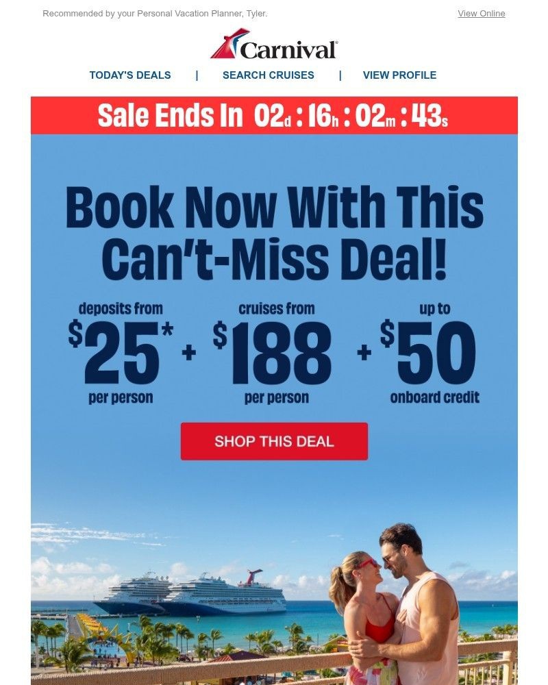 Screenshot of email sent to a Carnival Cruise Line Registered user