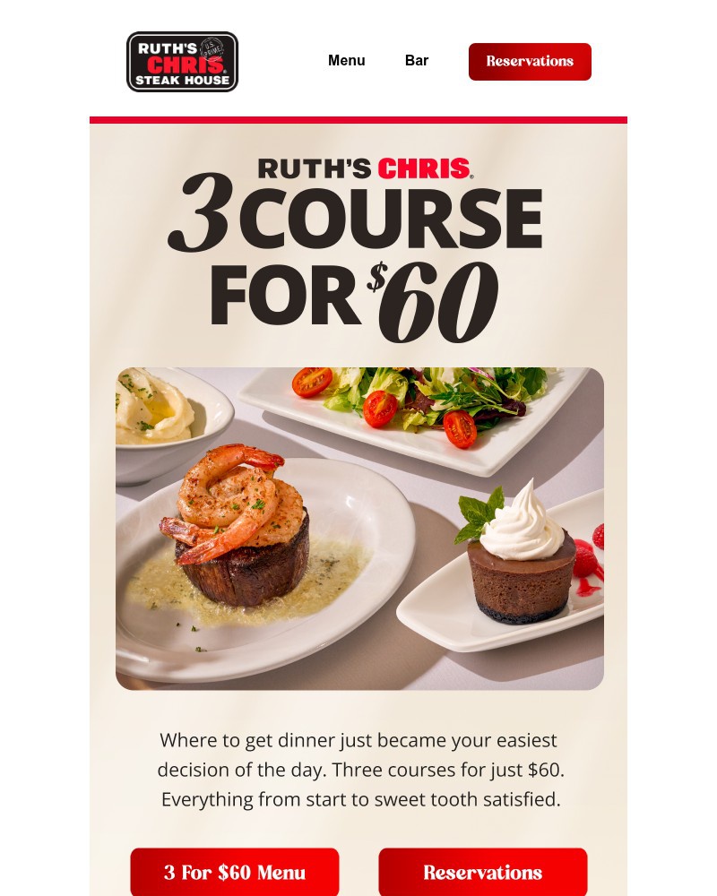Screenshot of email sent to a Ruth’s Chris Newsletter subscriber