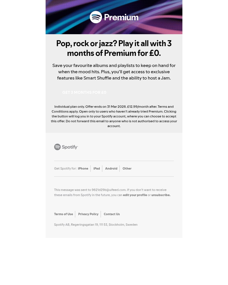 Screenshot of email sent to a Spotify Registered user