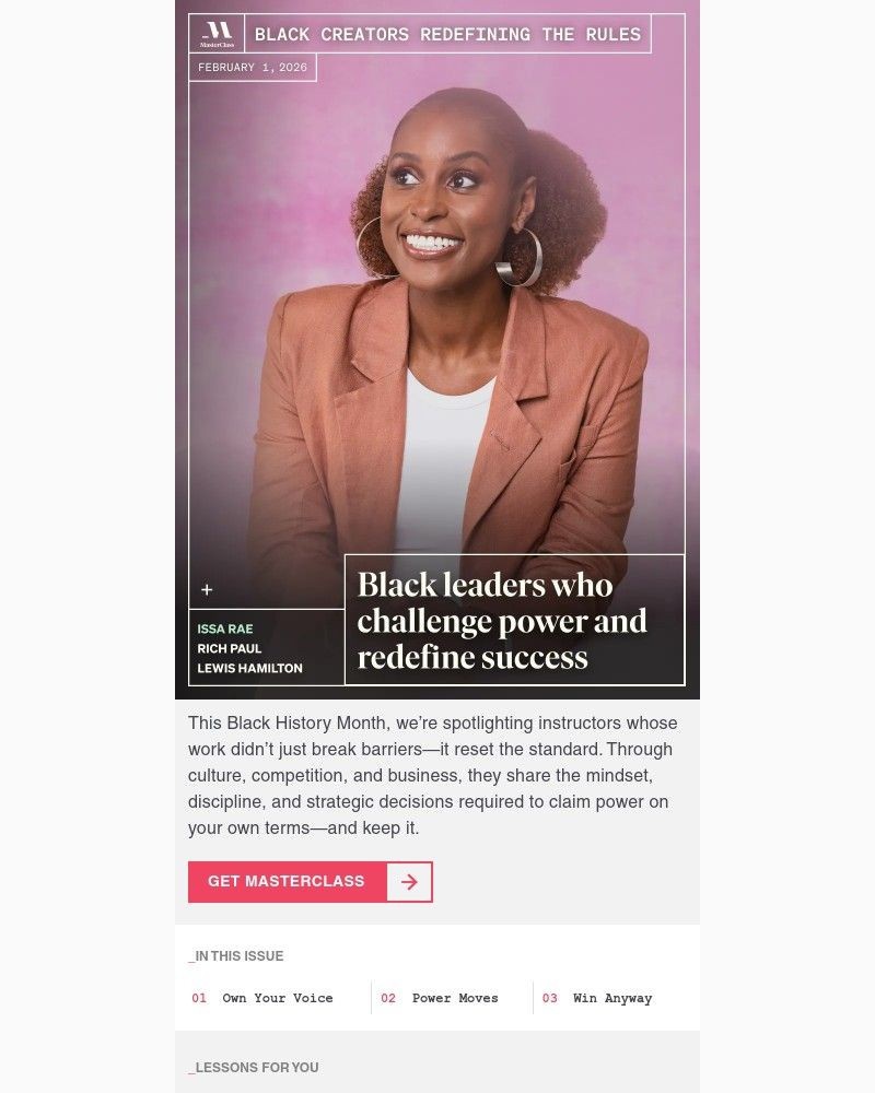 Screenshot of email sent to a MasterClass Registered user