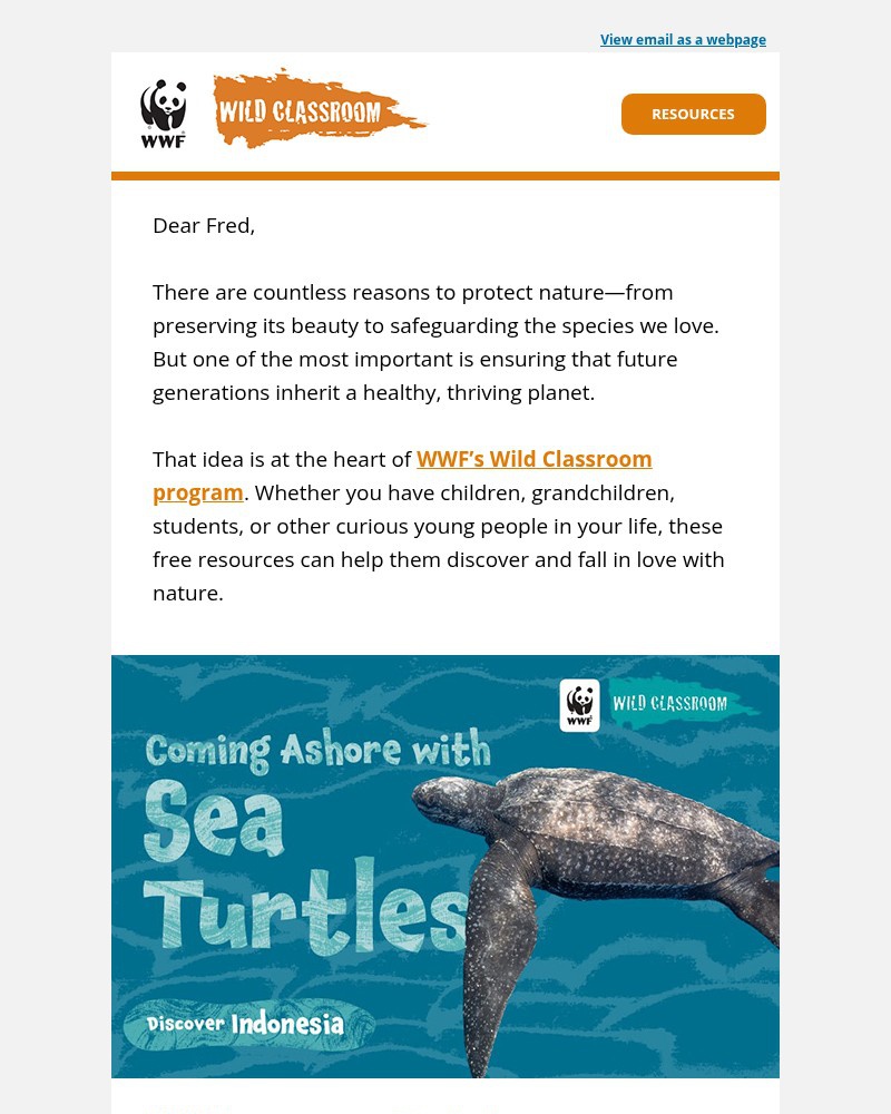 Screenshot of email sent to a World Wildlife Fund Newsletter subscriber
